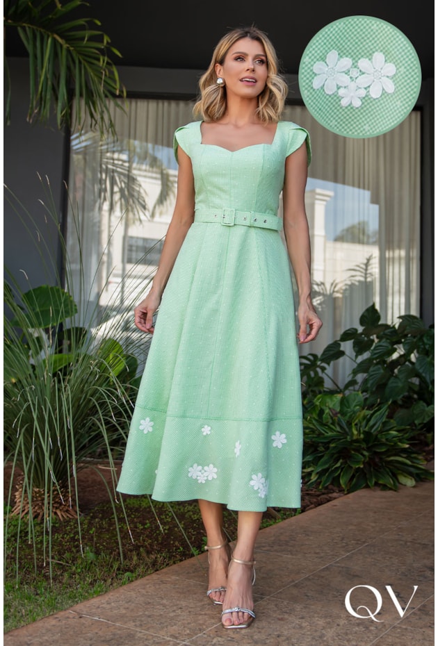 VESTIDO EM TRICOLINE VICHY VERDE - LUZIA FAZZOLLI