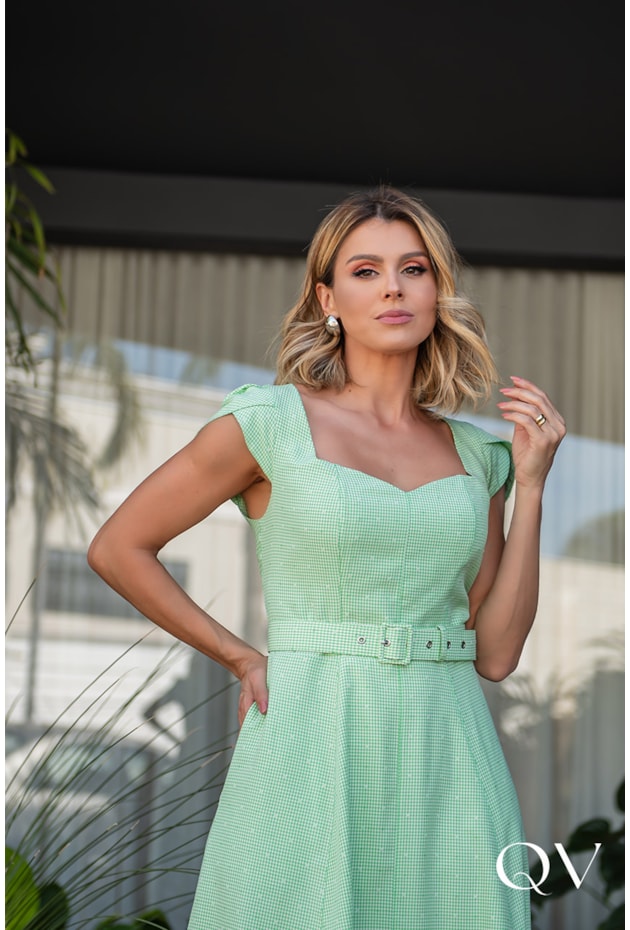 VESTIDO EM TRICOLINE VICHY VERDE - LUZIA FAZZOLLI