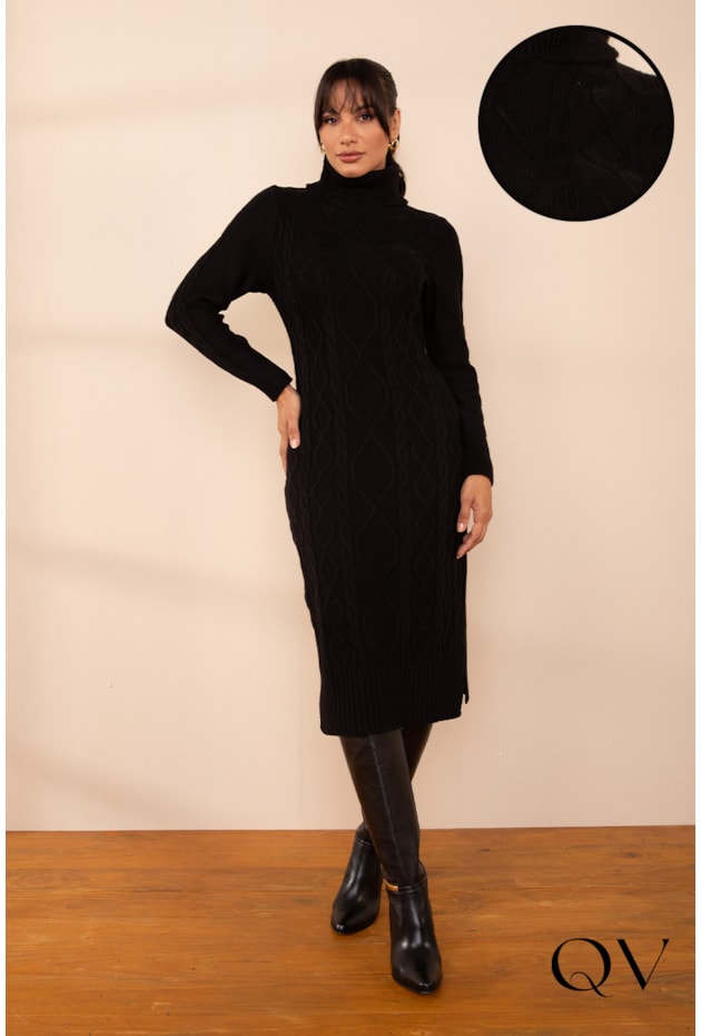 VESTIDO EM TRICOT GOLA ALTA PRETO - LEKAZIS