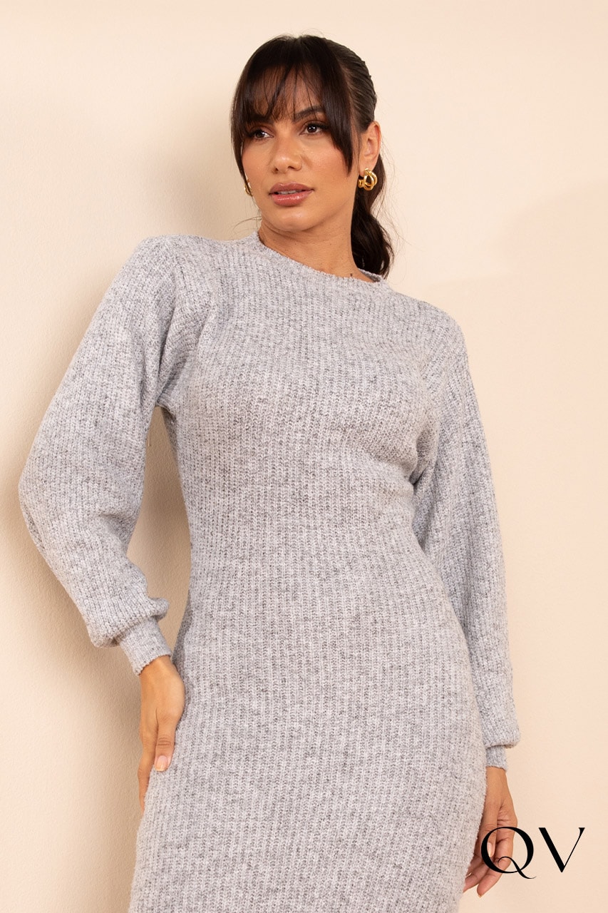 Vestido Em Tricot Midi Cinza Lekazis QVestido - Moda - Executiva