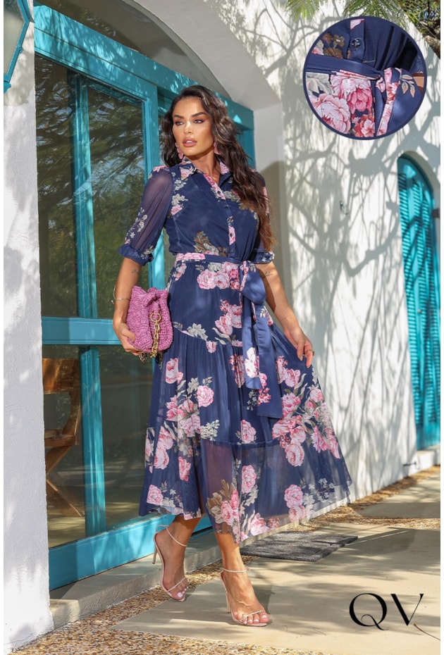 Vestido Em Tule Toque de Seda Marinho Jany Pim QVestido Moda