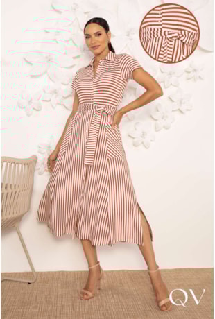 VESTIDO EM VISCOCREPE LISTRADO CREME - LEKAZIS