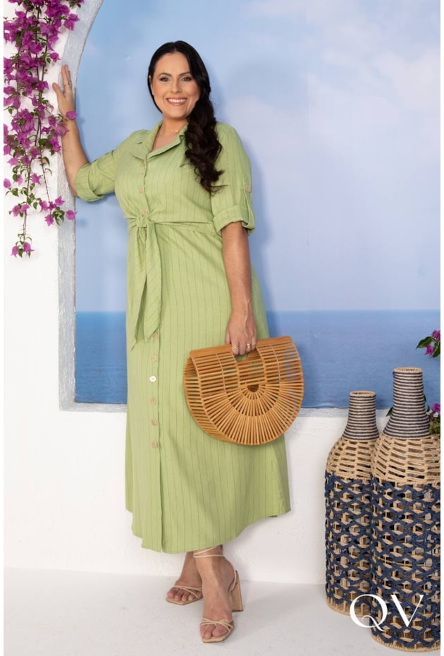 VESTIDO EM VISCOLINHO RISCA DE GIZ PISTACHE - LEKAZIS VESTIDO EM VISCOLINHO RISCA DE GIZ PISTACHE - LEKAZIS