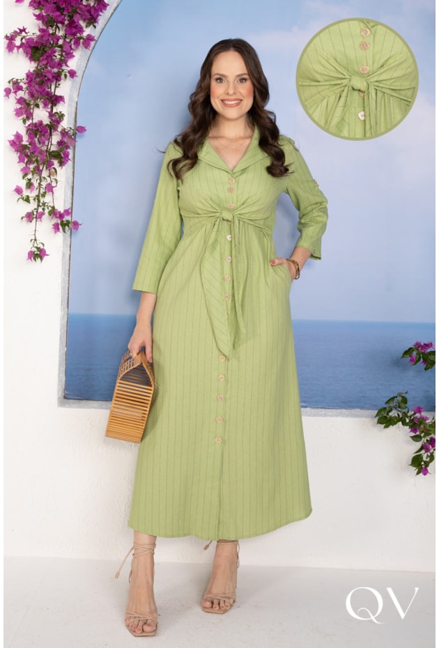 VESTIDO EM VISCOLINHO RISCA DE GIZ PISTACHE - LEKAZIS VESTIDO EM VISCOLINHO RISCA DE GIZ PISTACHE - LEKAZIS