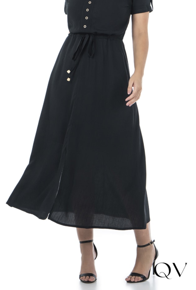 VESTIDO EM VISCOSE COM FENDA FRONTAL PRETO - VIA TOLENTINO