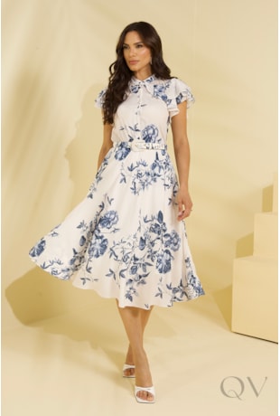 VESTIDO EM VISCOSE COM TOQUE DE SEDA OFF WHITE FLORAL - JANY PIM