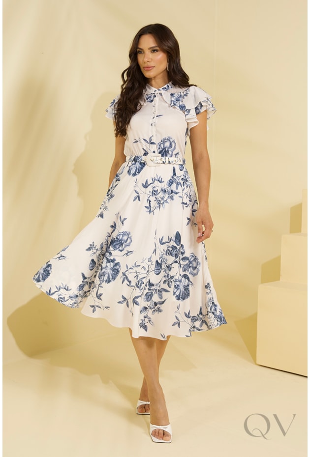 VESTIDO EM VISCOSE COM TOQUE DE SEDA OFF WHITE FLORAL - JANY PIM