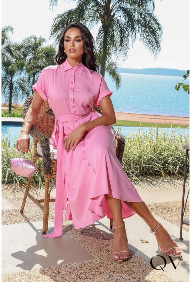 VESTIDO EM VISCOSE DE TWILL ROSA - JANY PIM VESTIDO EM VISCOSE DE TWILL ROSA - JANY PIM