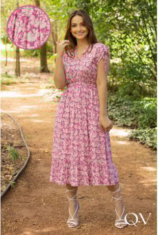 VESTIDO EM VISCOSE FLORAL ROSA - VALENTINA SIRRAH