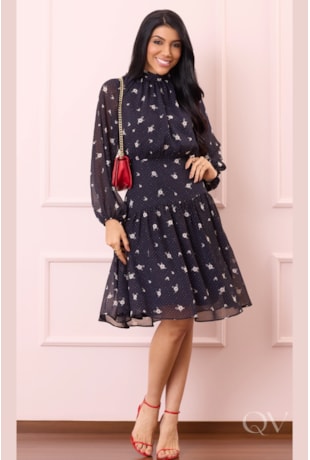 VESTIDO ESTAMPA FLORAL LIBERTY EM CREPE MUSSELINE AZUL - PURO SHARMY