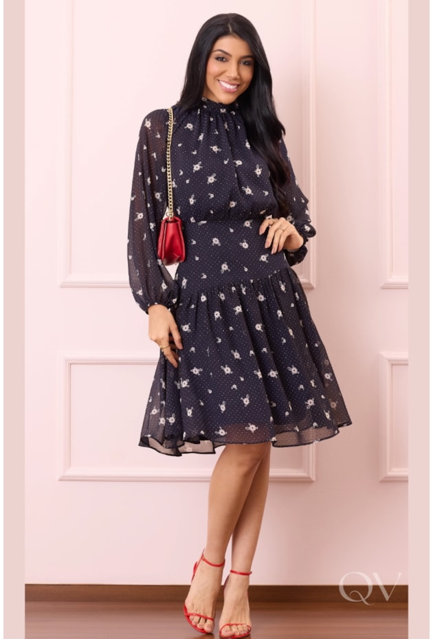 VESTIDO ESTAMPA FLORAL LIBERTY EM CREPE MUSSELINE AZUL - PURO SHARMY