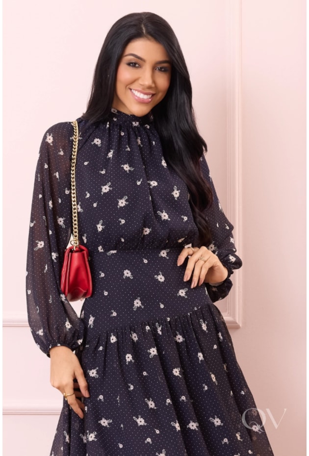 VESTIDO ESTAMPA FLORAL LIBERTY EM CREPE MUSSELINE AZUL - PURO SHARMY