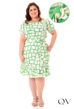VESTIDO ESTAMPA GEOMÉTRICA COM FAIXA VERDE - HAPUK