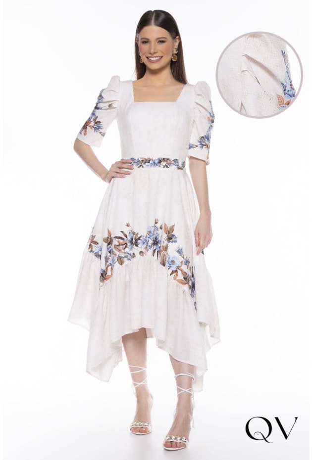 VESTIDO EVASÊ ASSIMÉTRICO MANGAS BUFANTES ESTAMPADO - TITANIUM JEANS VESTIDO EVASÊ ASSIMÉTRICO MANGAS BUFANTES ESTAMPADO - TITANIUM JEANS