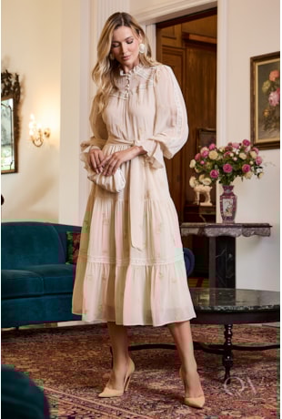 VESTIDO EVASÊ COM CINTO EM CHIFFON BEGE - LUZIA FAZZOLLI