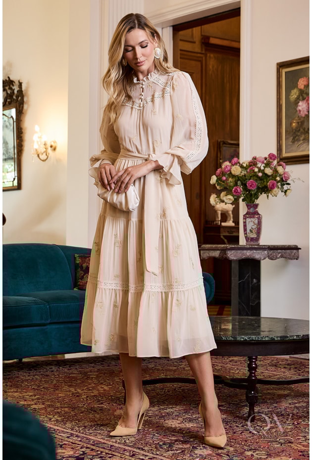 VESTIDO EVASÊ COM CINTO EM CHIFFON BEGE - LUZIA FAZZOLLI