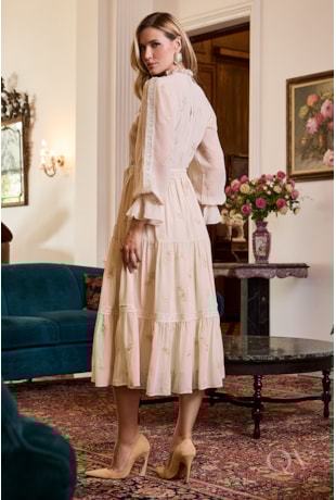 VESTIDO EVASÊ COM CINTO EM CHIFFON BEGE - LUZIA FAZZOLLI