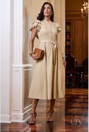 VESTIDO EVASÊ COM CINTO EM LINHO PURO BEGE - LUZIA FAZZOLLI