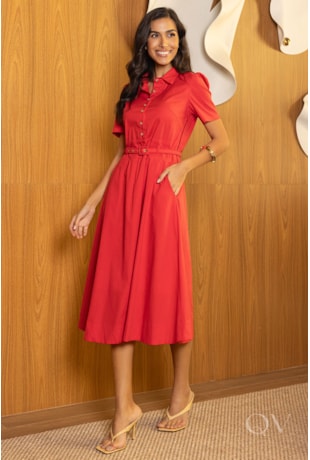 VESTIDO EVASÊ COM CINTO EM TRICOLINE VERMELHO - JANY PIM