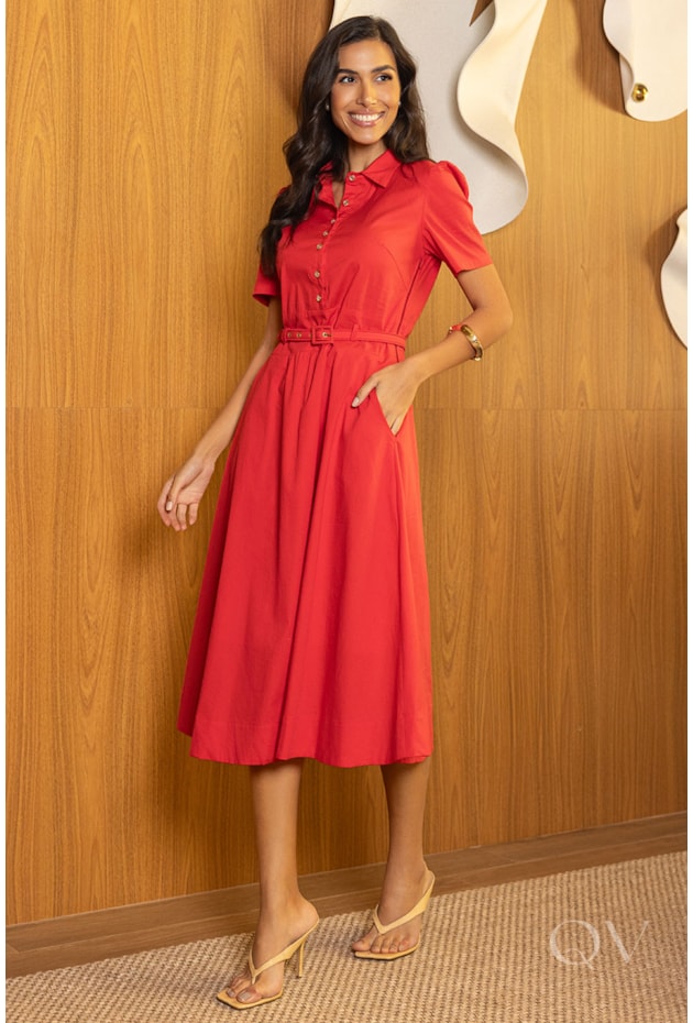 VESTIDO EVASÊ COM CINTO EM TRICOLINE VERMELHO - JANY PIM