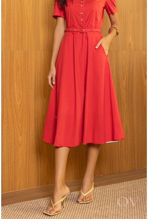 VESTIDO EVASÊ COM CINTO EM TRICOLINE VERMELHO - JANY PIM