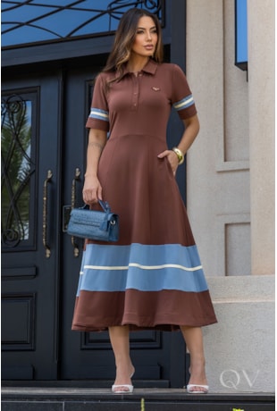 VESTIDO EVASÊ COM NESGAS EM MOLETINHO MARROM - LUZIA FAZZOLLI