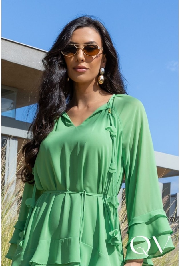 VESTIDO EVASÊ EM CHIFFON BATA COM FLORES VERDE - LUZIA FAZZOLLI