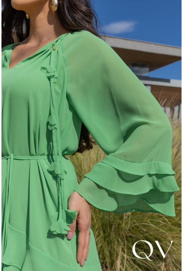 VESTIDO EVASÊ EM CHIFFON BATA COM FLORES VERDE - LUZIA FAZZOLLI