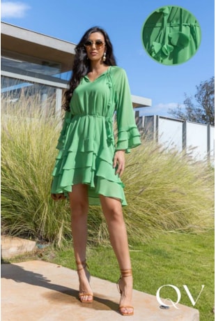 VESTIDO EVASÊ EM CHIFFON BATA COM FLORES VERDE - LUZIA FAZZOLLI