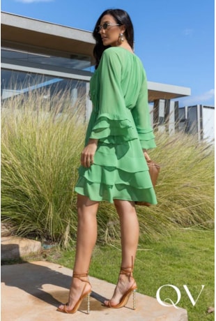 VESTIDO EVASÊ EM CHIFFON BATA COM FLORES VERDE - LUZIA FAZZOLLI