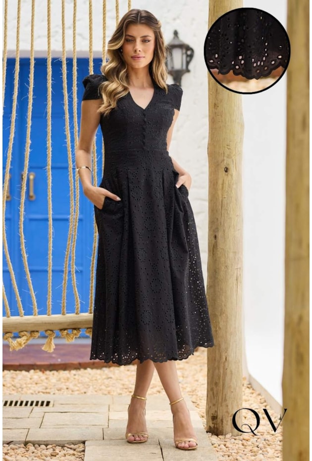 VESTIDO EVASÊ EM LAISE ALGODÃO PRETO - DOCE MARIA