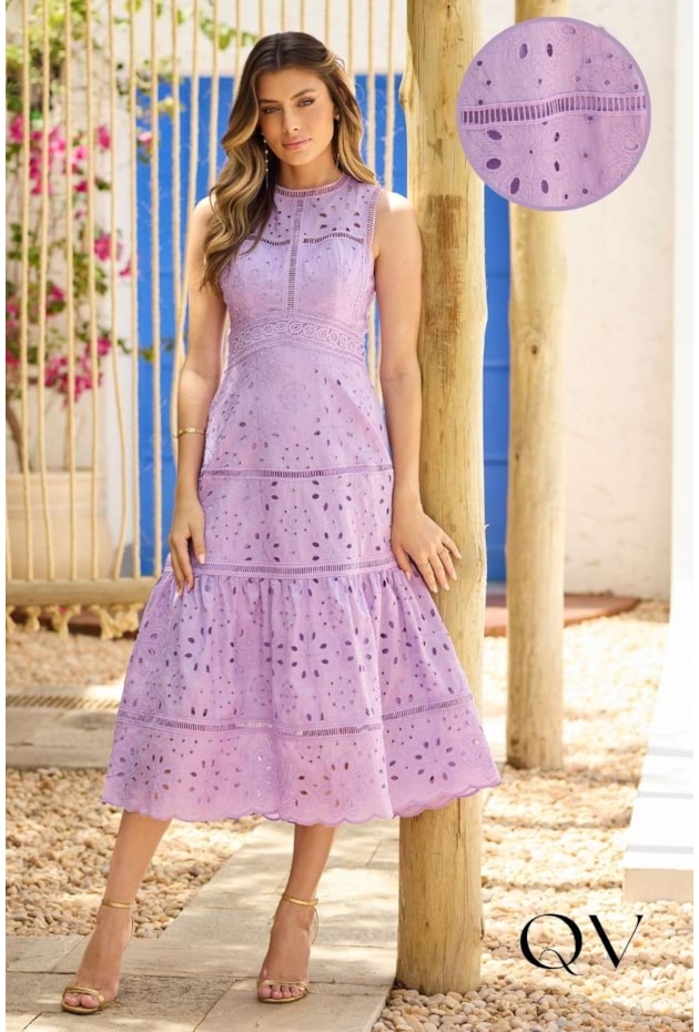 VESTIDO EVASÊ EM LAISE COM GUIPIR LAVANDA - DOCE MARIA