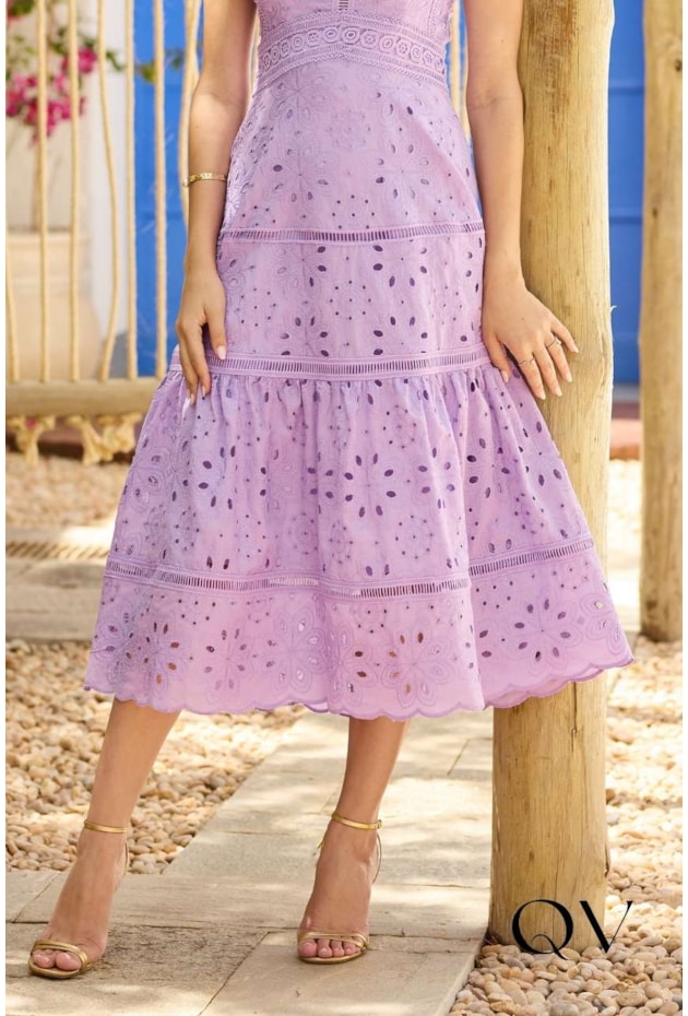 VESTIDO EVASÊ EM LAISE COM GUIPIR LAVANDA - DOCE MARIA