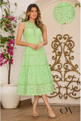 VESTIDO EVASÊ EM LAISE COM GUIPIR VERDE - DOCE MARIA