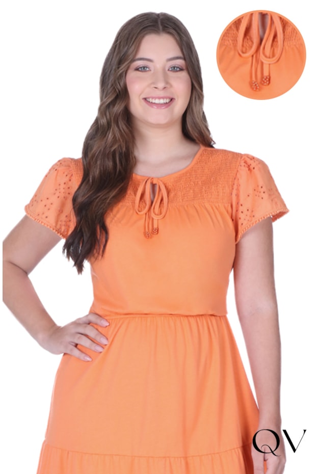 VESTIDO EVASÊ EM MALHA DE ALGODÃO EM LAISE LARANJA - HAPUK