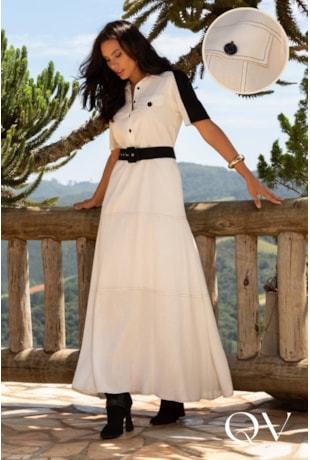 VESTIDO EVASÊ EM VISCOSE COM BOTÕES OFF WHITE - ARTSY