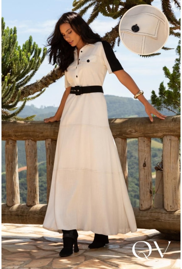 VESTIDO EVASÊ EM VISCOSE COM BOTÕES OFF WHITE - ARTSY