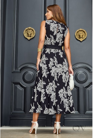 VESTIDO EVASÊ EM VISCOSE PRETO ESTAMPADO - LUZIA FAZZOLLI
