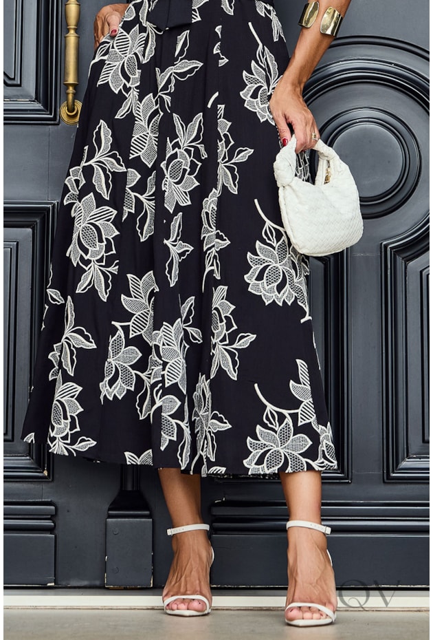 VESTIDO EVASÊ EM VISCOSE PRETO ESTAMPADO - LUZIA FAZZOLLI