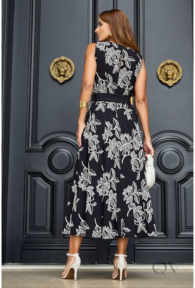 VESTIDO EVASÊ EM VISCOSE PRETO ESTAMPADO - LUZIA FAZZOLLI