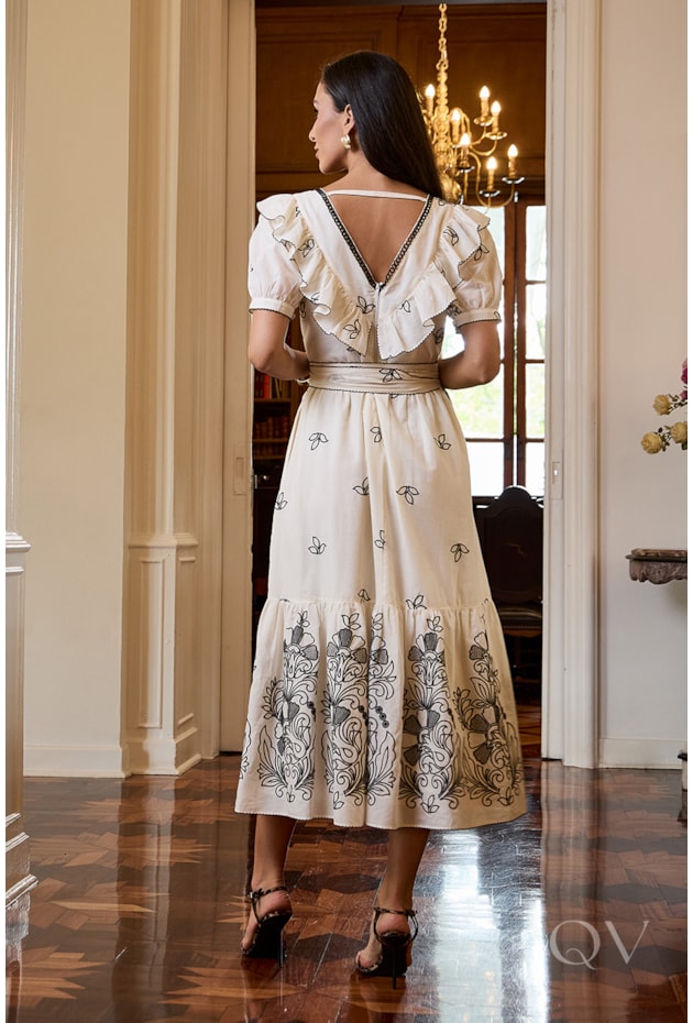 VESTIDO EVASÊ EM VOIL CRU E PRETO - LUZIA FAZZOLLI