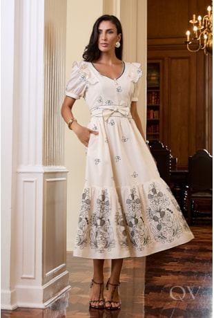 VESTIDO EVASÊ EM VOIL CRU E PRETO - LUZIA FAZZOLLI