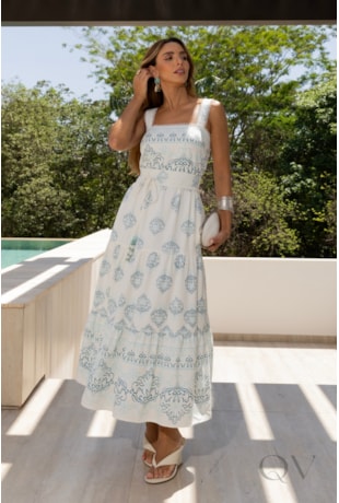 VESTIDO EVASÊ ESTAMPADO EM LINHO MISTO BRANCO - LUZIA FAZZOLLI