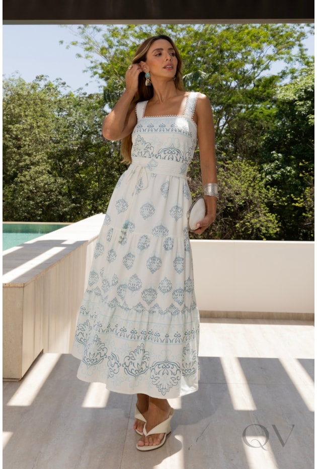 VESTIDO EVASÊ ESTAMPADO EM LINHO MISTO BRANCO - LUZIA FAZZOLLI