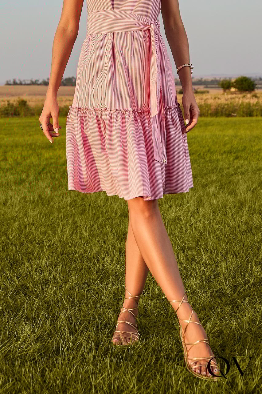 Vestido Evasê Listrado Vermelho Jany Pim QVestido - Moda