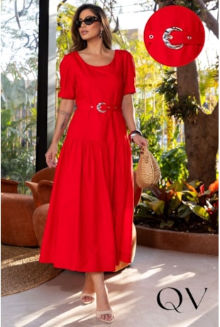 VESTIDO EVASÊ MIDI EM LINHO FRANZIDO VERMELHO - LUZIA FAZZOLLI