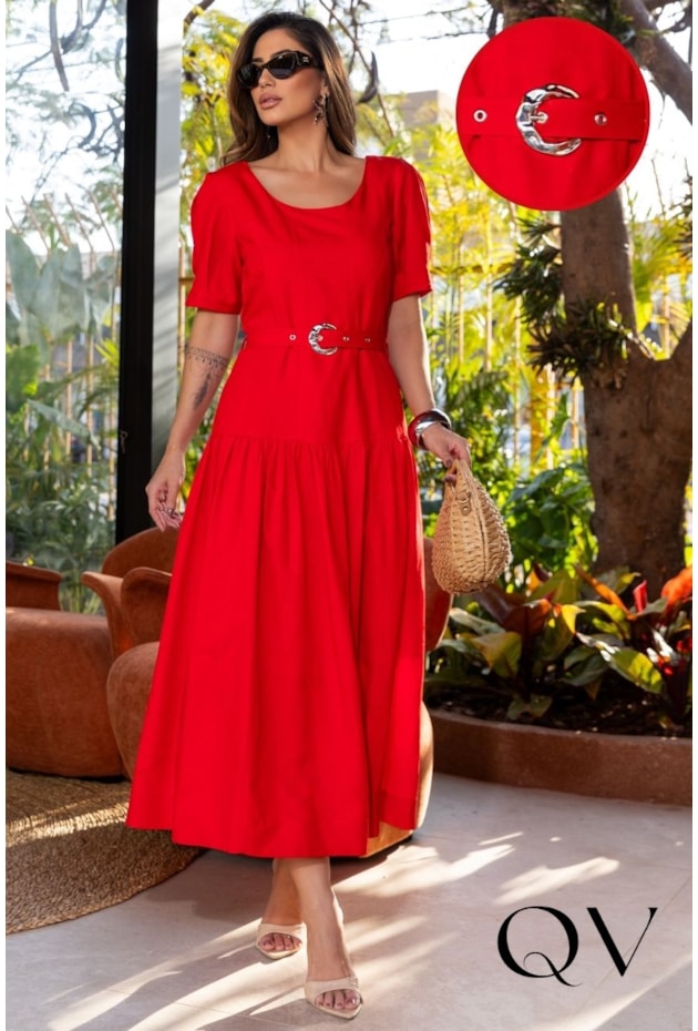 VESTIDO EVASÊ MIDI EM LINHO FRANZIDO VERMELHO - LUZIA FAZZOLLI