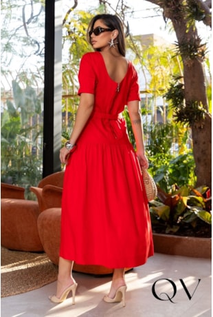 VESTIDO EVASÊ MIDI EM LINHO FRANZIDO VERMELHO - LUZIA FAZZOLLI