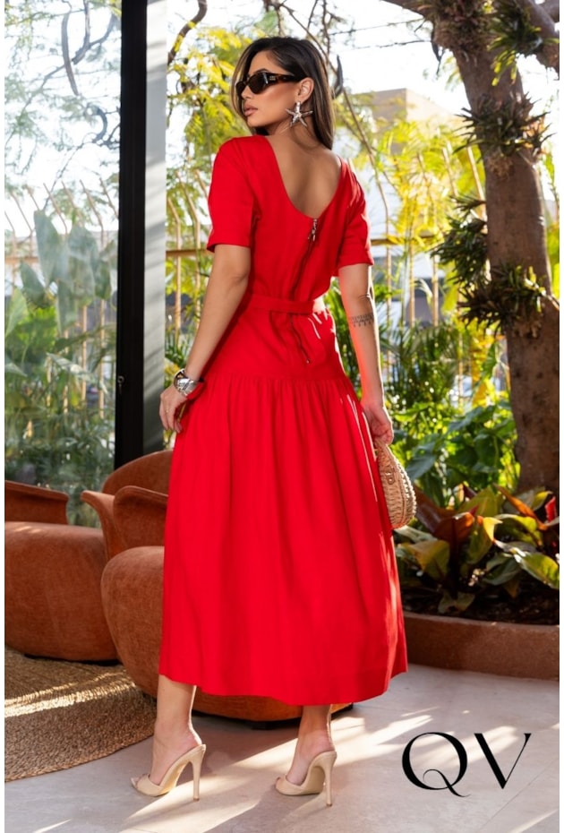VESTIDO EVASÊ MIDI EM LINHO FRANZIDO VERMELHO - LUZIA FAZZOLLI
