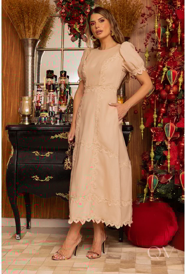 VESTIDO EVASÊ MIDI EM LINHO PURO BEGE - LUZIA FAZZOLLI